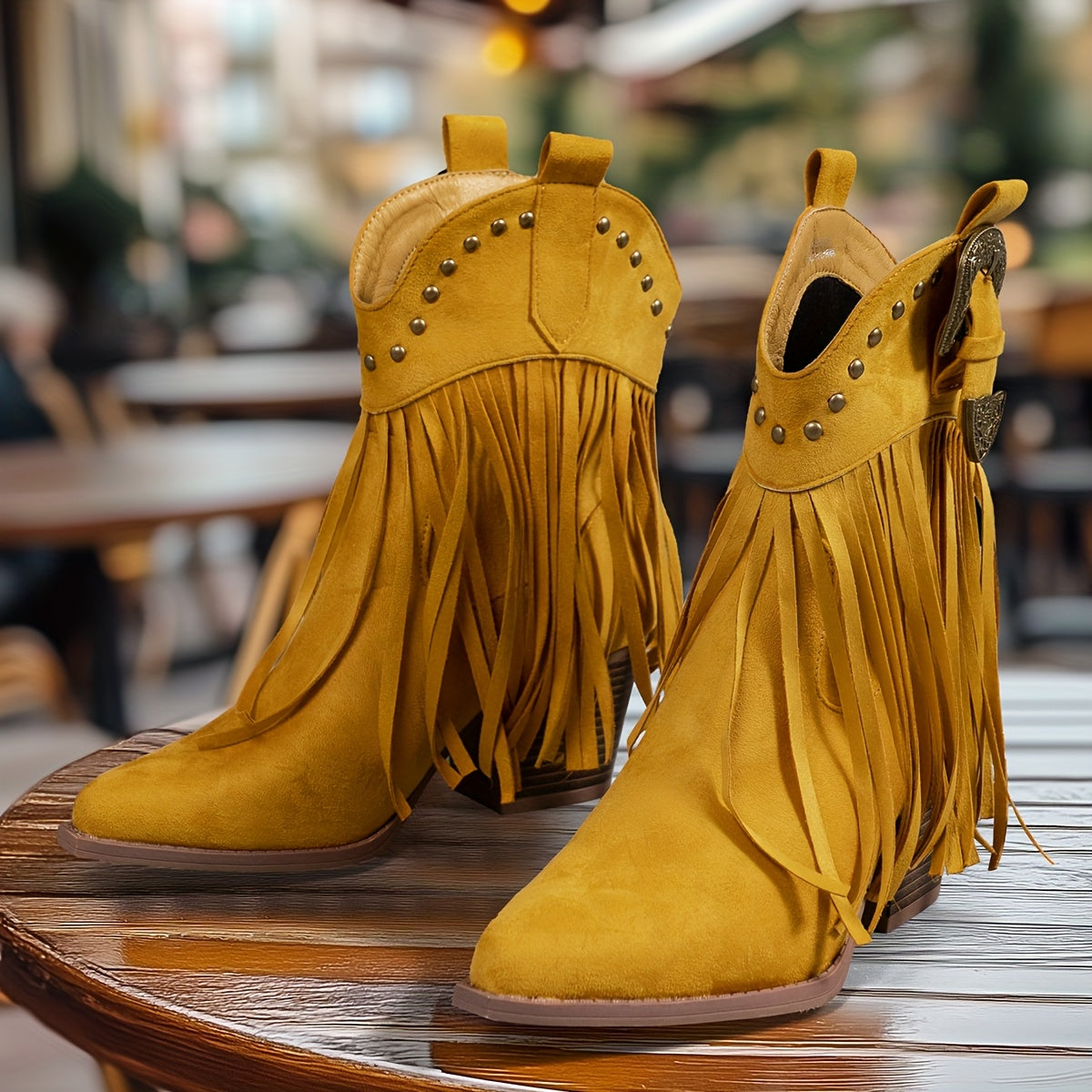 Chic Women's Mid-Calf Western Cowboy Boots with Tassel & Studded Details, Pointed Toe, Chunky Heel - Slip-On Casual Style