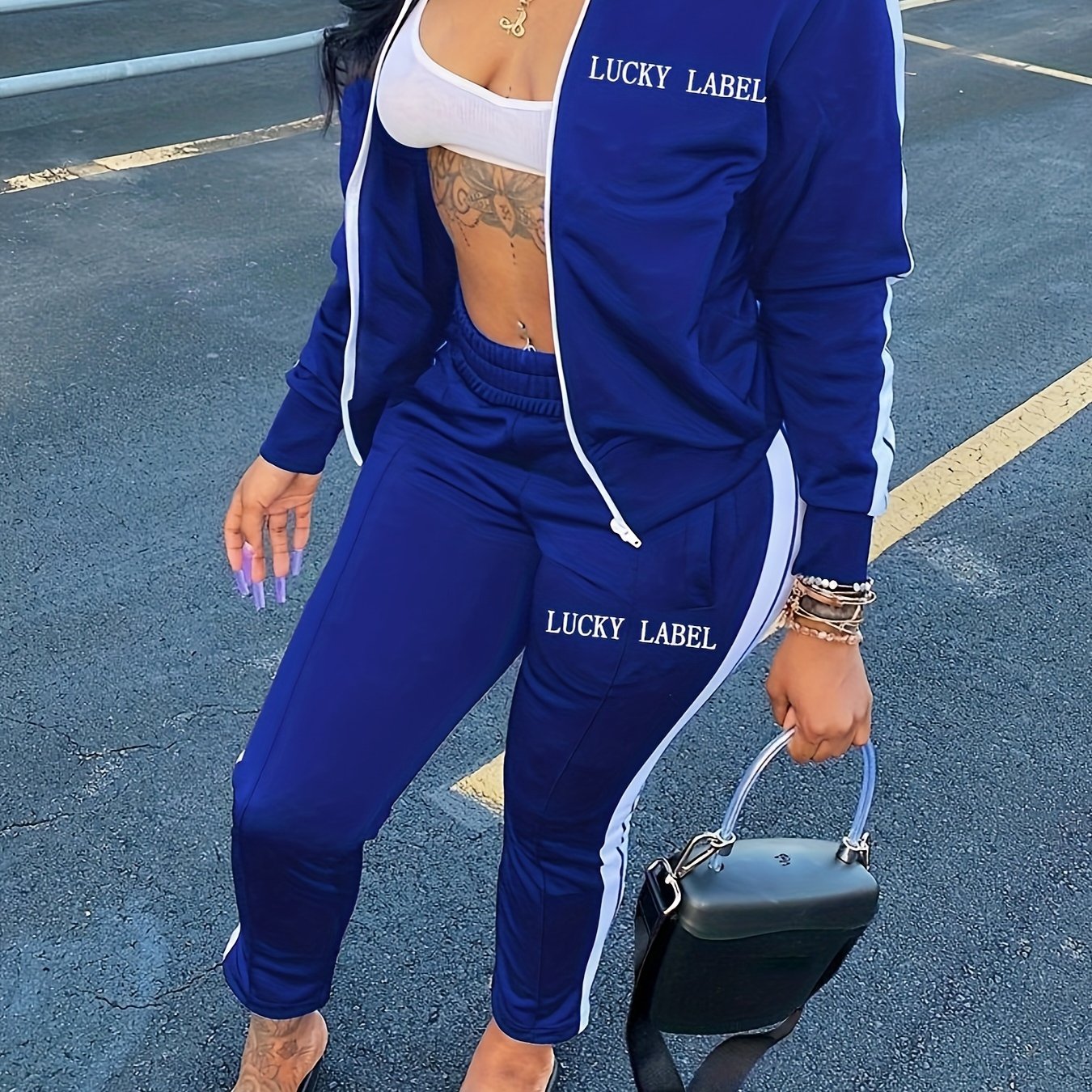 Women's Letter Pattern Striped Two-piece Set, Zip Up Long Sleeve Tops & Elastic Waist Pants Outfits - Casual Style - For Women - Perfect for Daily Wear, Parties & Going Out