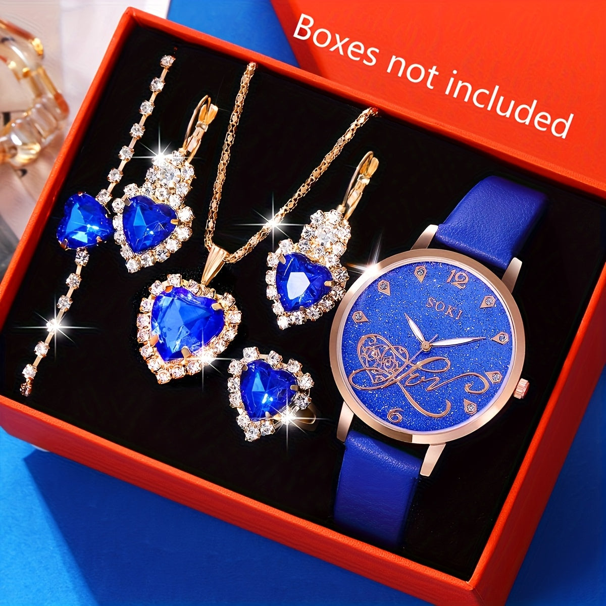 6pcs/Set SOKI Women'S Watch, Glamorous Round Digital Quartz Faux Leather Strap Alloy Case Heart Pendant Necklaces, Earrings, Rings, Bracelets Accessories with Non-rechargeable Button Battery (Diameter＜20mm) for Women's, Mot