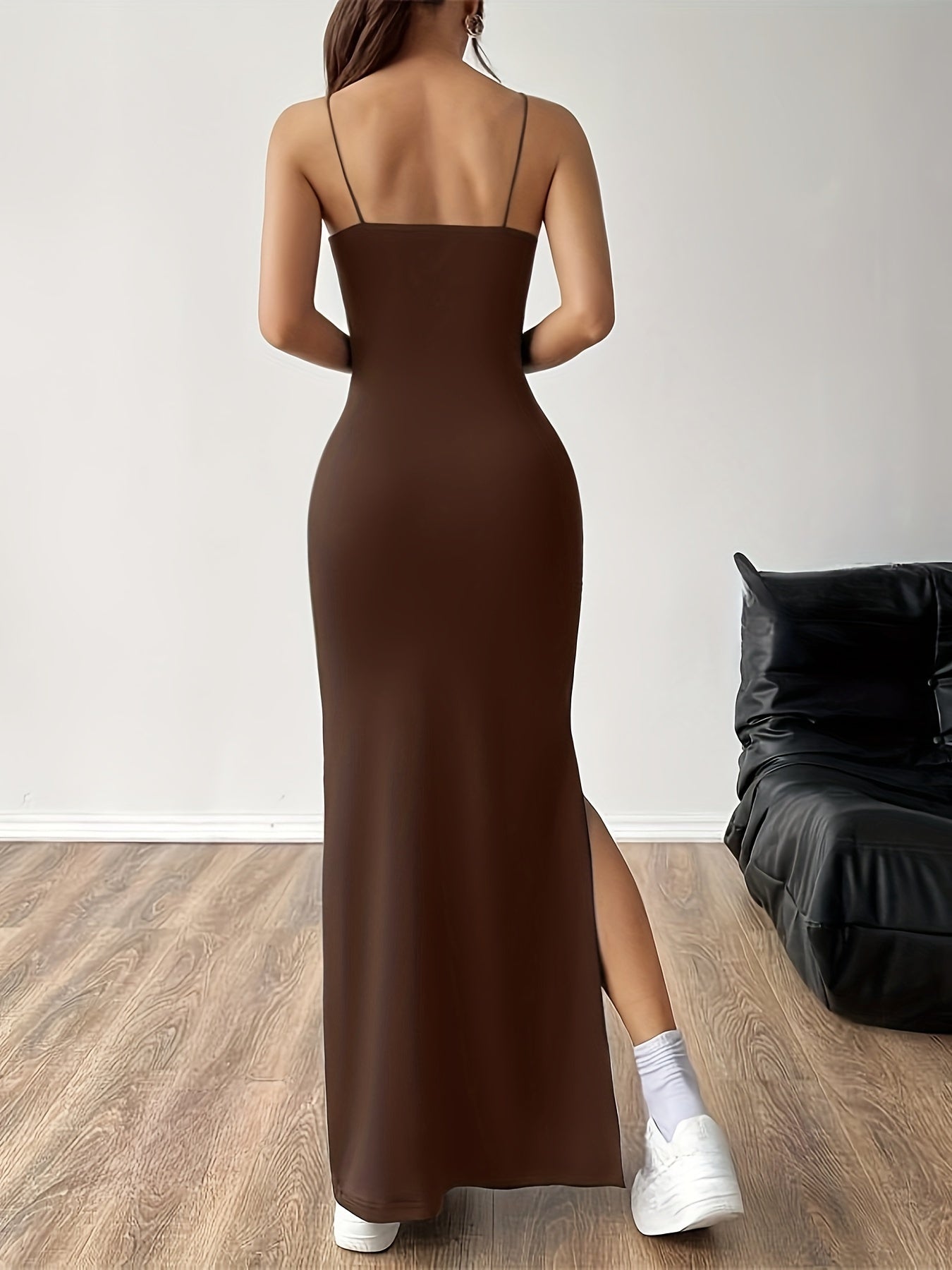 Solid Split Thigh Cami Dress, Sexy Spaghetti Strap Sleeveless Backless Dress, Women's Clothing For Party Dressing
