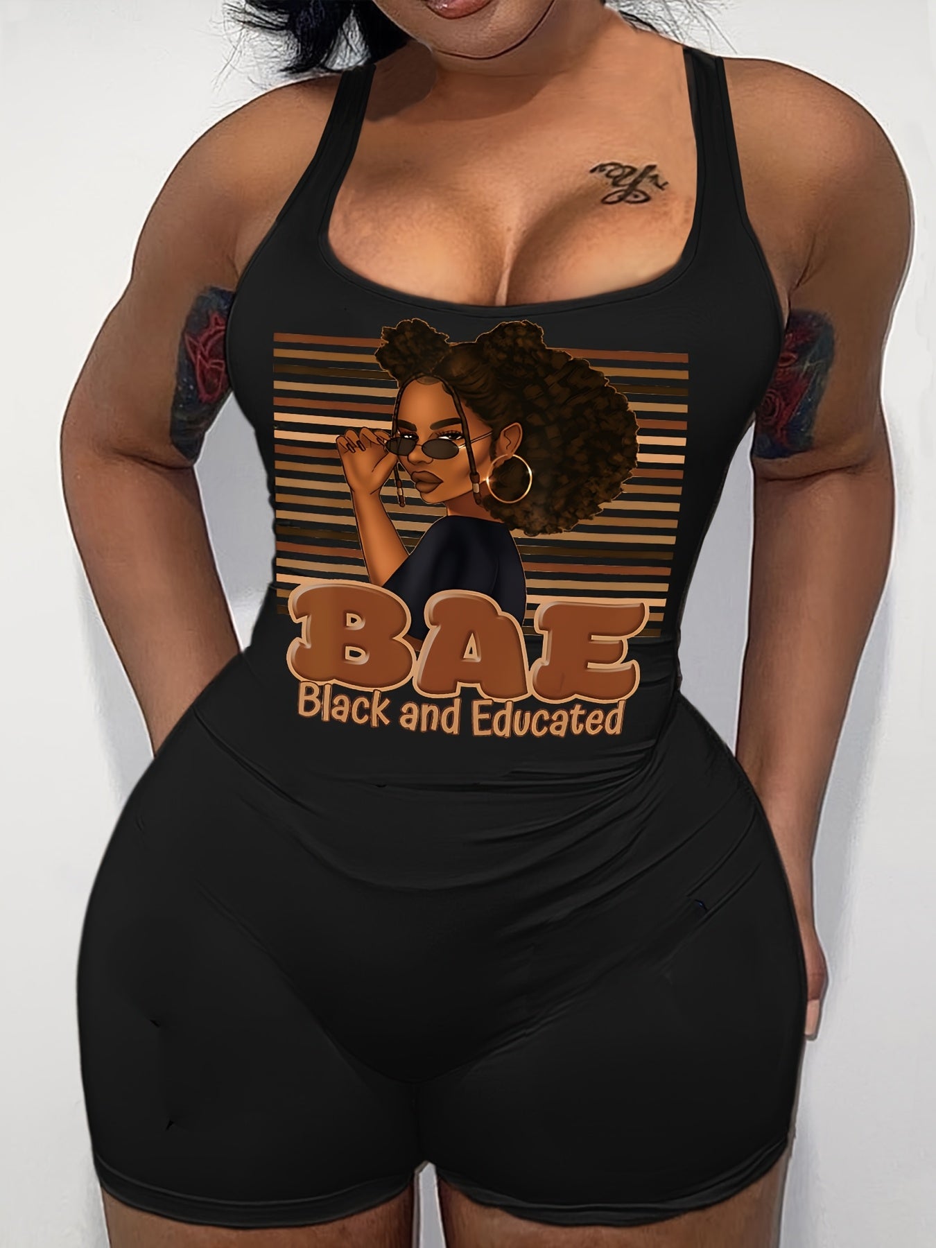Chic Backless Romper with Bold "BAE" Letter Print & Striped Design - Sexy Sleeveless Knit Jumpsuit for Women, Black & Educated Graphic, Machine Washable, Polyester Blend, Square Neckline, All-Season Wear, Educational Fashion