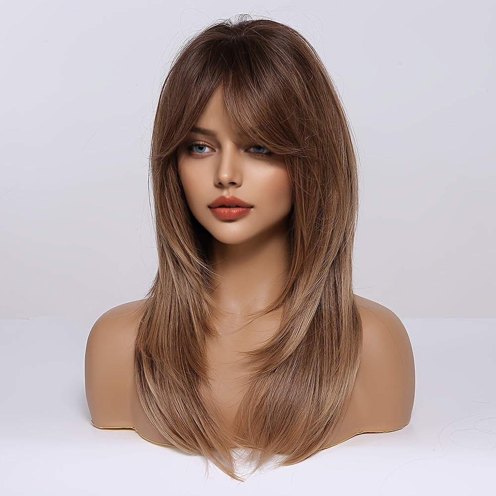 Chic Brown Layered Wig with Bangs - Short, Straight Synthetic Hair for Women, Matte Finish, High-Temperature Resistant, 150% Density, Rose Net Cap - Ideal Gift