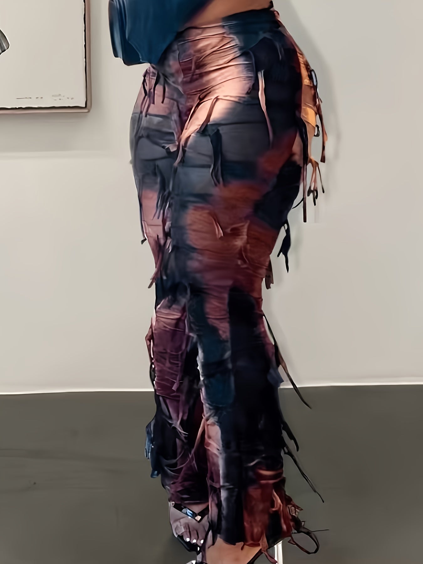 Sexy Tie-Dye Tassel Flare Leg Pants for Women, High Waist Slim Fit Knit Polyamide Spandex Blend, Elastic Waist All-Season Long Pants with Belt Loop, 250g/m² Fabric Weight