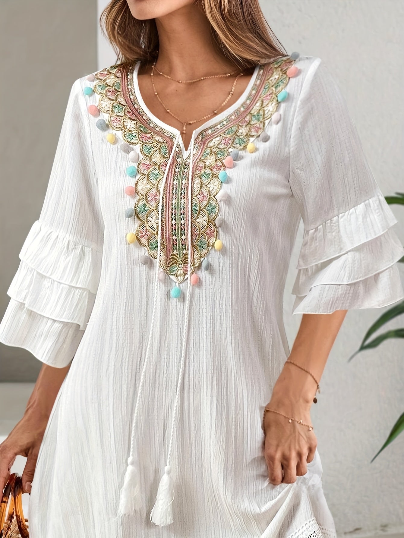 Women'S Fashion Embroidered Notched V-Neck Dress with Colorful Pom-Pom Detail, Ruffle Three Quarter Sleeves, Tassel Trim, Polyester 100%, Regular Fit, Woven Fabric, 120g/m², Spring/Summer/Fall A-Line Dress