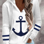 Stylish Anchor Print Button Hoodie - Soft Casual Long Sleeve Drawstring Sweatshirt with Relaxed Fit, Women's Comfortable Clothing for Daily Wear