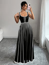 Elegant Striped Sleeveless Maxi Dress for Women - Square Neck, Button Detail, Black & White Vertical Stripes, Flowy Design, Machine Washable, Perfect for Casual or Chic Outfits