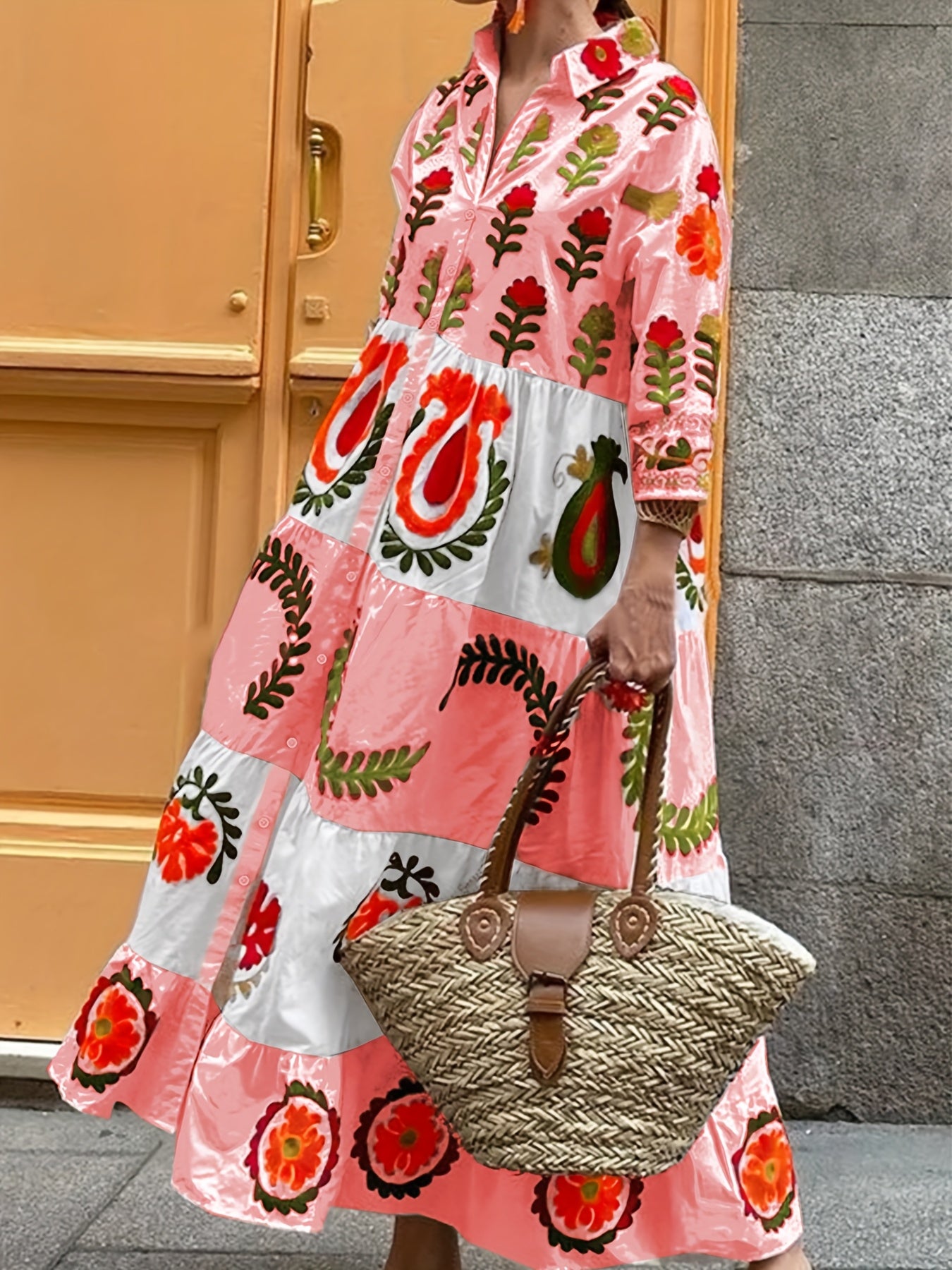 Women'S Elegant Floral Print Maxi Dress with Layered Ruffle Detail - Loose Fit, Long Sleeve, Button-Up Shirt Dress for Spring and Fall, Casual Attire|Floral Print Dress|Layered Ruffle Detail