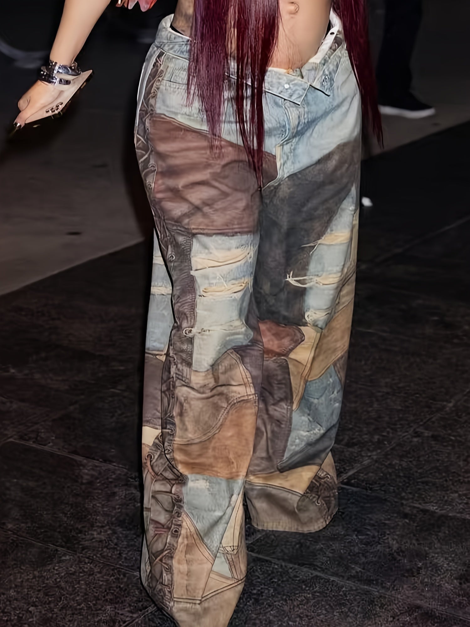 Women'S Patchwork Button - Zipper Pocket Wide - Leg Long Pants. Made Of Denim - Like Fabric, With Printing Techniques, These Pants Exude A Strong Street - Style Trend.