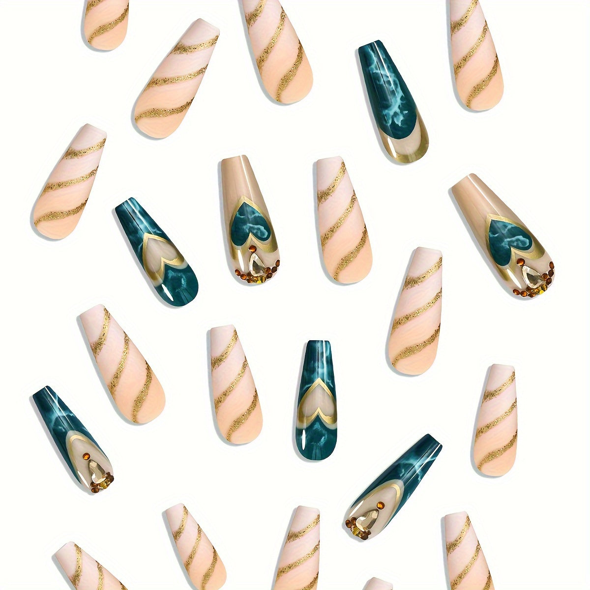 Queen Style, Long Ballet Marble Ombre Press-On Nails with Golden Foil Accents for s - 24pcs, Includes 1 Jelly Glue & 1 Nail File, Perfect Fit and Durable