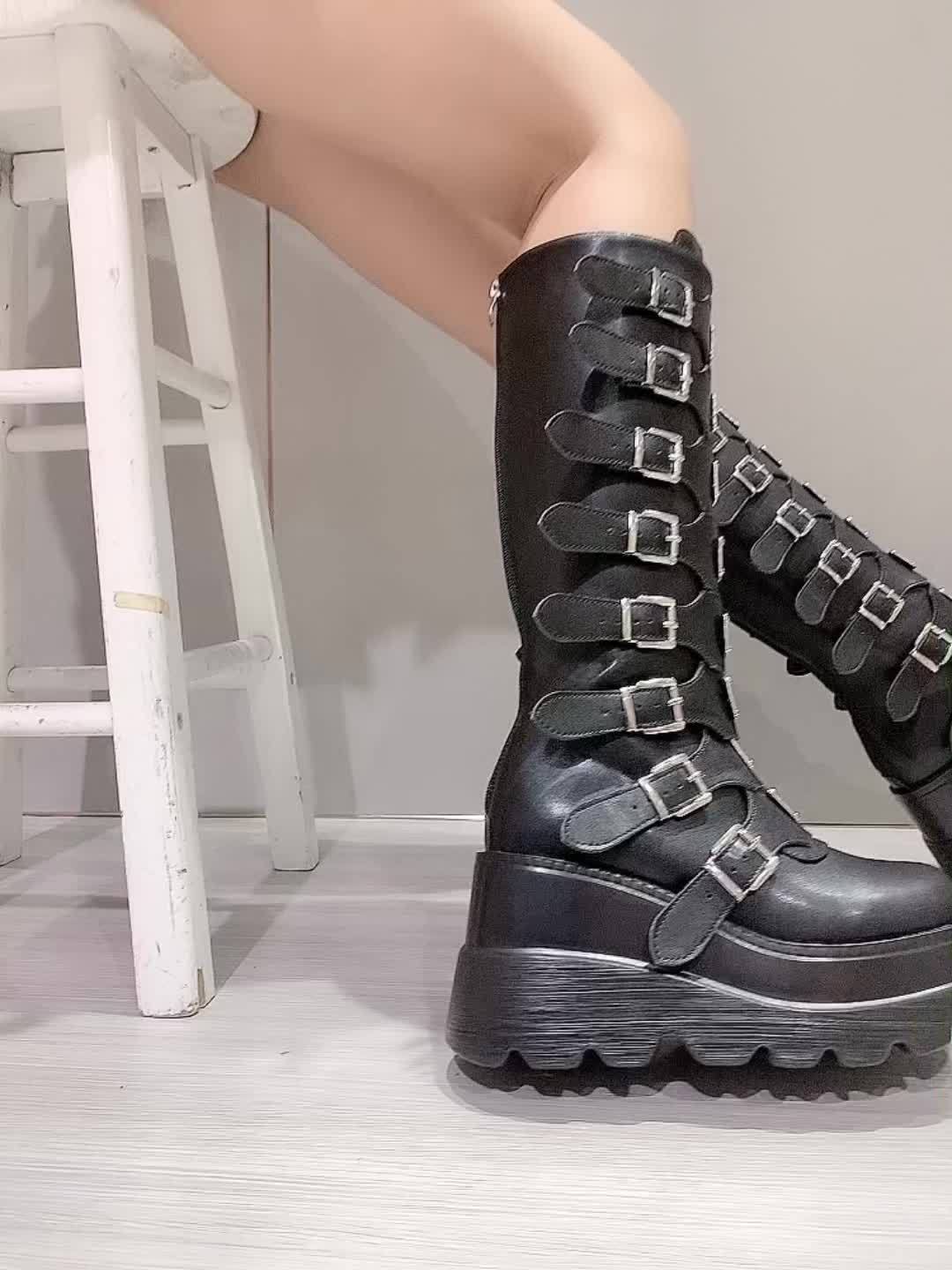 Womens Stylish Wedge Heel Boots with Fashion Buckle Straps - Platform Design, Back Zipper Closure - Perfect for Carnaval & Music Festivals - Trendy and Comfortable