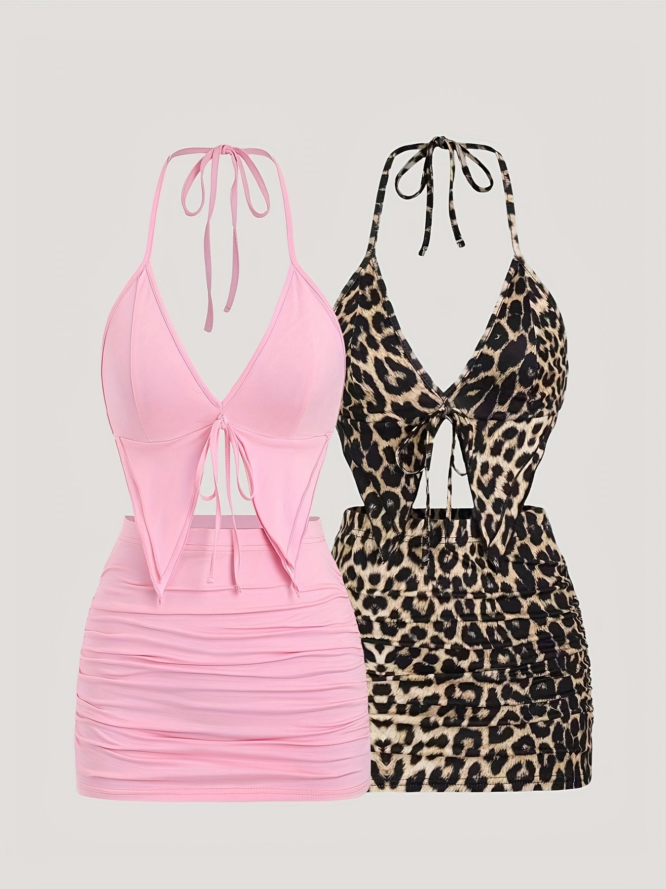 1set Women'S Casual Halter Top and Skirt Set - Polyester Woven, Solid Color, Backless Detail, Irregular Hem - Spring/Summer Collection