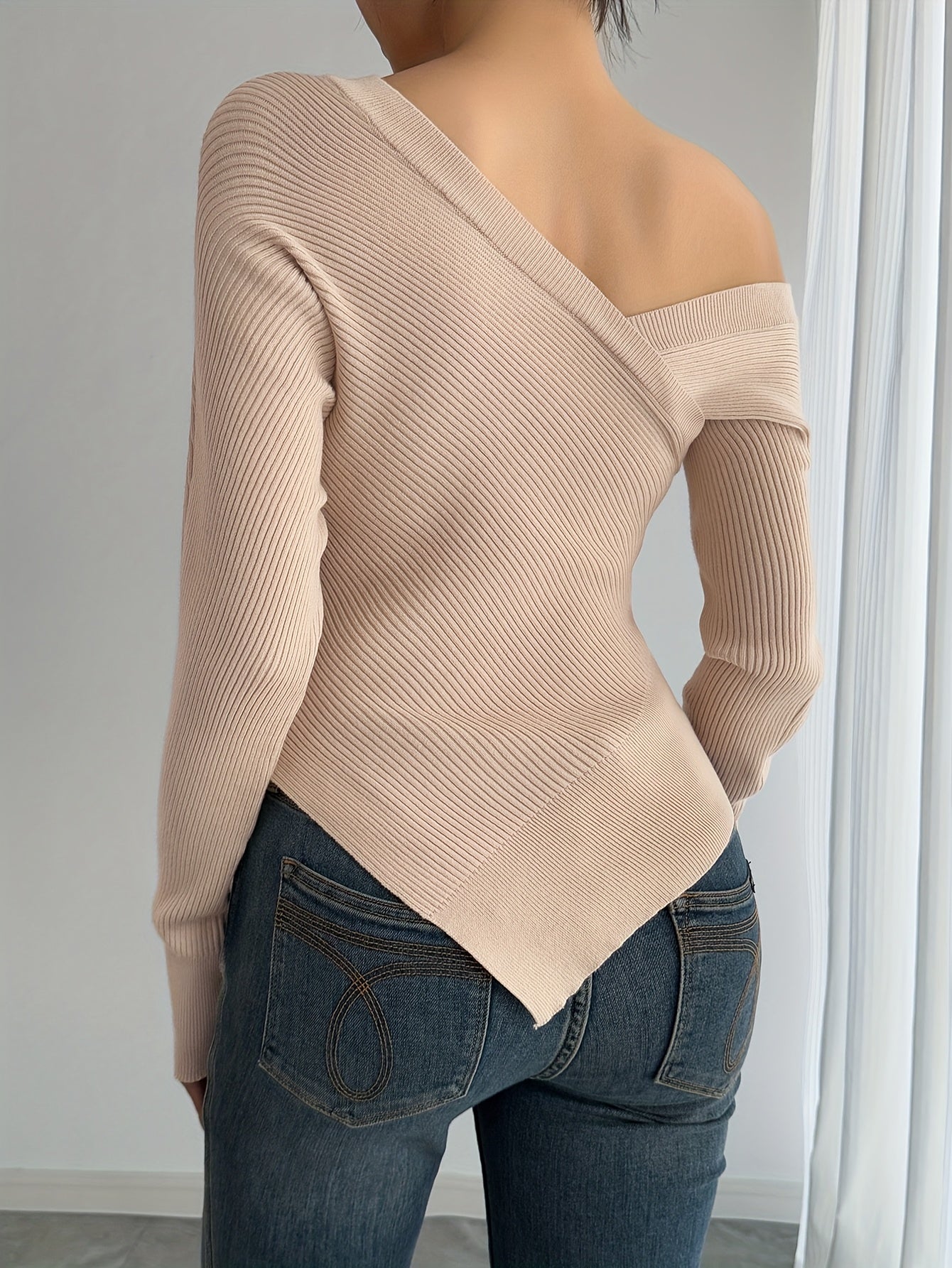 Women'S Elegant Khaki Off-Shoulder Pullover Sweater, Viscose & Polyester Blend, Asymmetrical Neck, Solid Color, Knit Fabric, All Seasons, 236g/m² Weight