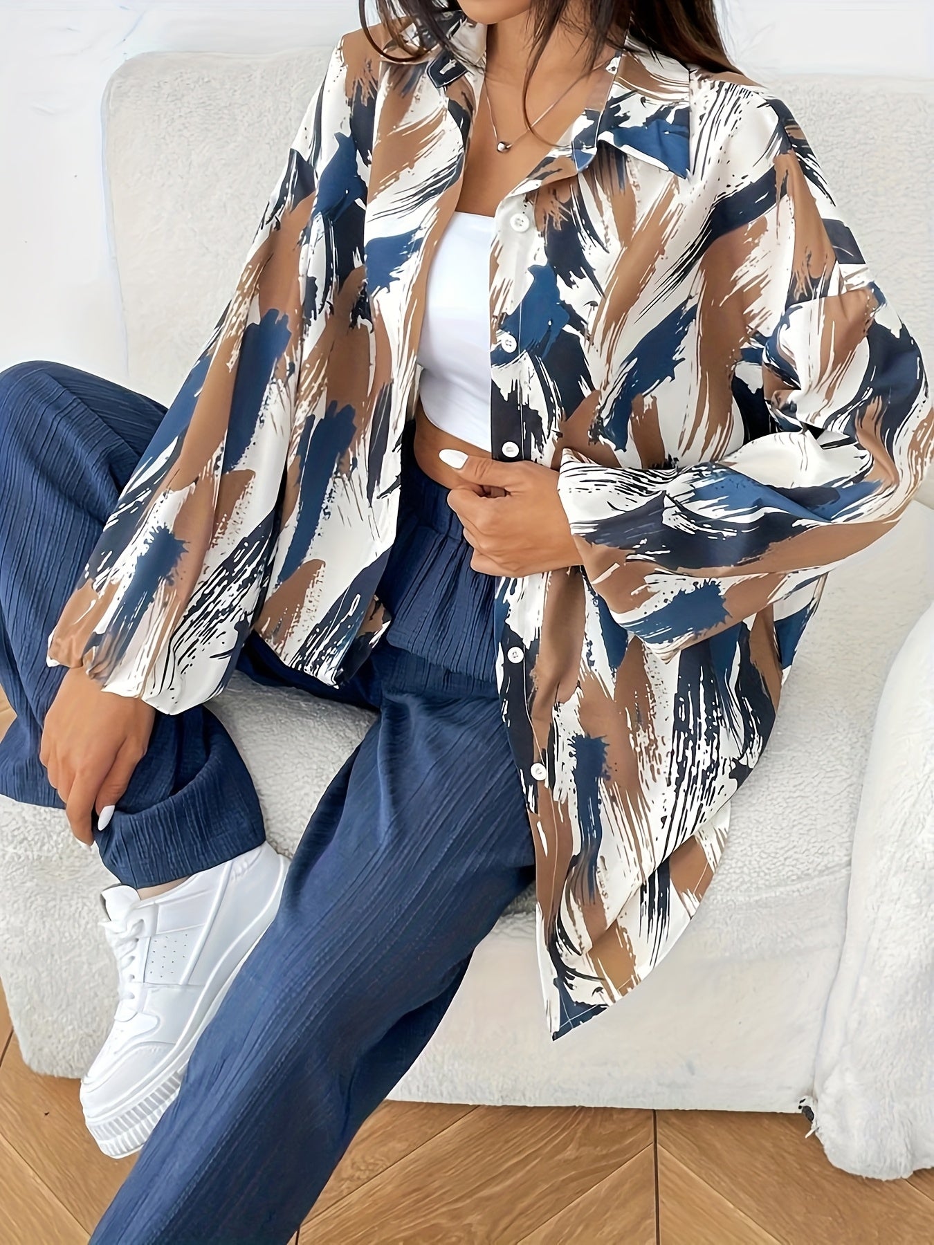 Women'S Casual Spring/Summer 2pcs Set - Floral Print Long Sleeve Blouse & Wide-Leg Pants, Button-Up Top with Pockets, White Sneakers, and White Handbag, Casual Attire|Floral Print Top|Buttonup Top