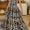 Women'S Casual Geometric Print Maxi Dress - Black, White, and Orange, V-Neck, Backless, Polyester, Summer Style, Elegant Maxi Dress | Vibrant Print Dress | Polyester Dress