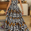 Women'S Casual Geometric Print Maxi Dress - Black, White, and Orange, V-Neck, Backless, Polyester, Summer Style, Elegant Maxi Dress | Vibrant Print Dress | Polyester Dress