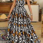 Women'S Casual Geometric Print Maxi Dress - Black, White, and Orange, V-Neck, Backless, Polyester, Summer Style, Elegant Maxi Dress | Vibrant Print Dress | Polyester Dress