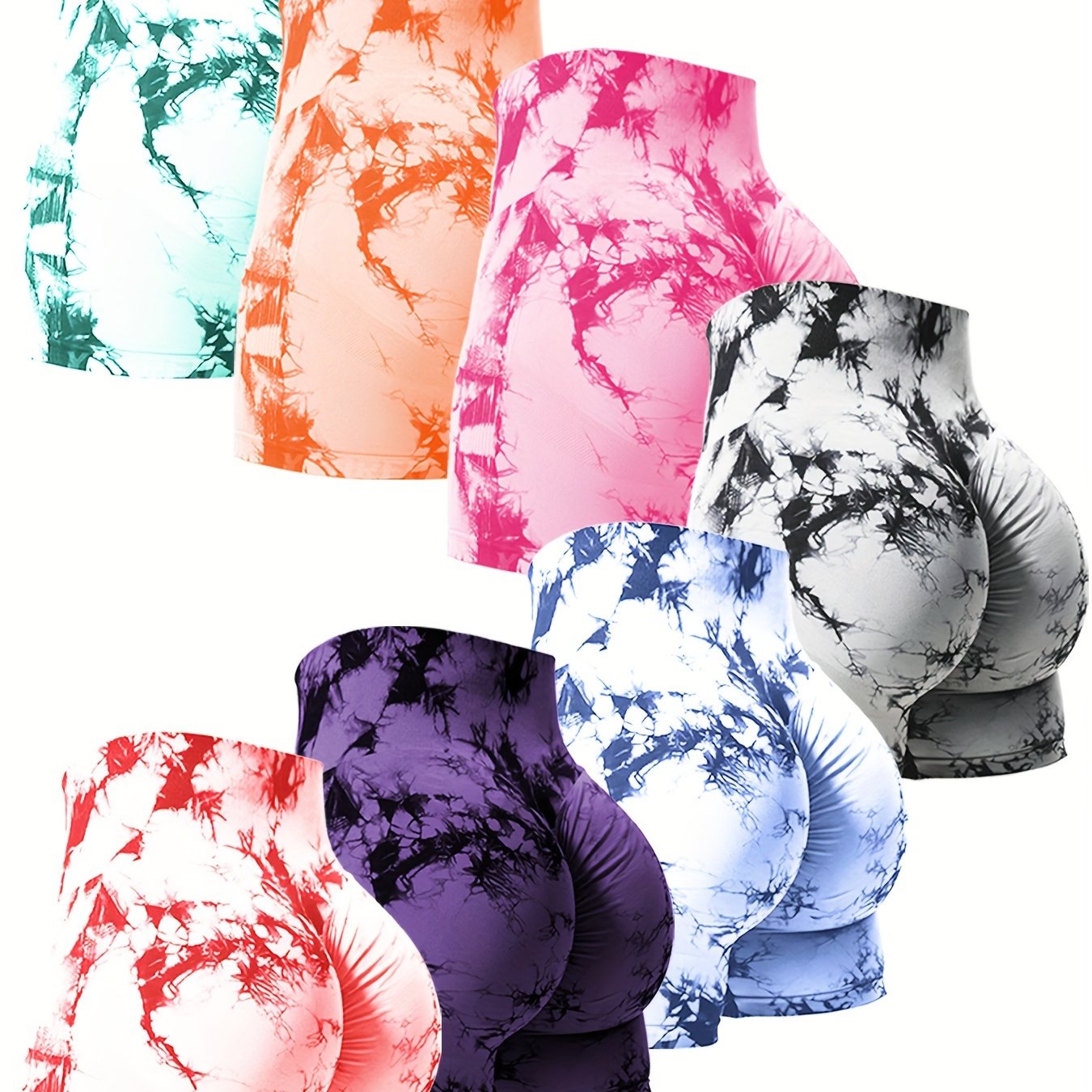 Set Of 7 High Waist Belly Control Shaping Shorts, Tie-dye Yoga Peach Hip-lifting, Compression Fit For Gym And Outdoor Summer Activities, Multi-color Combination Set