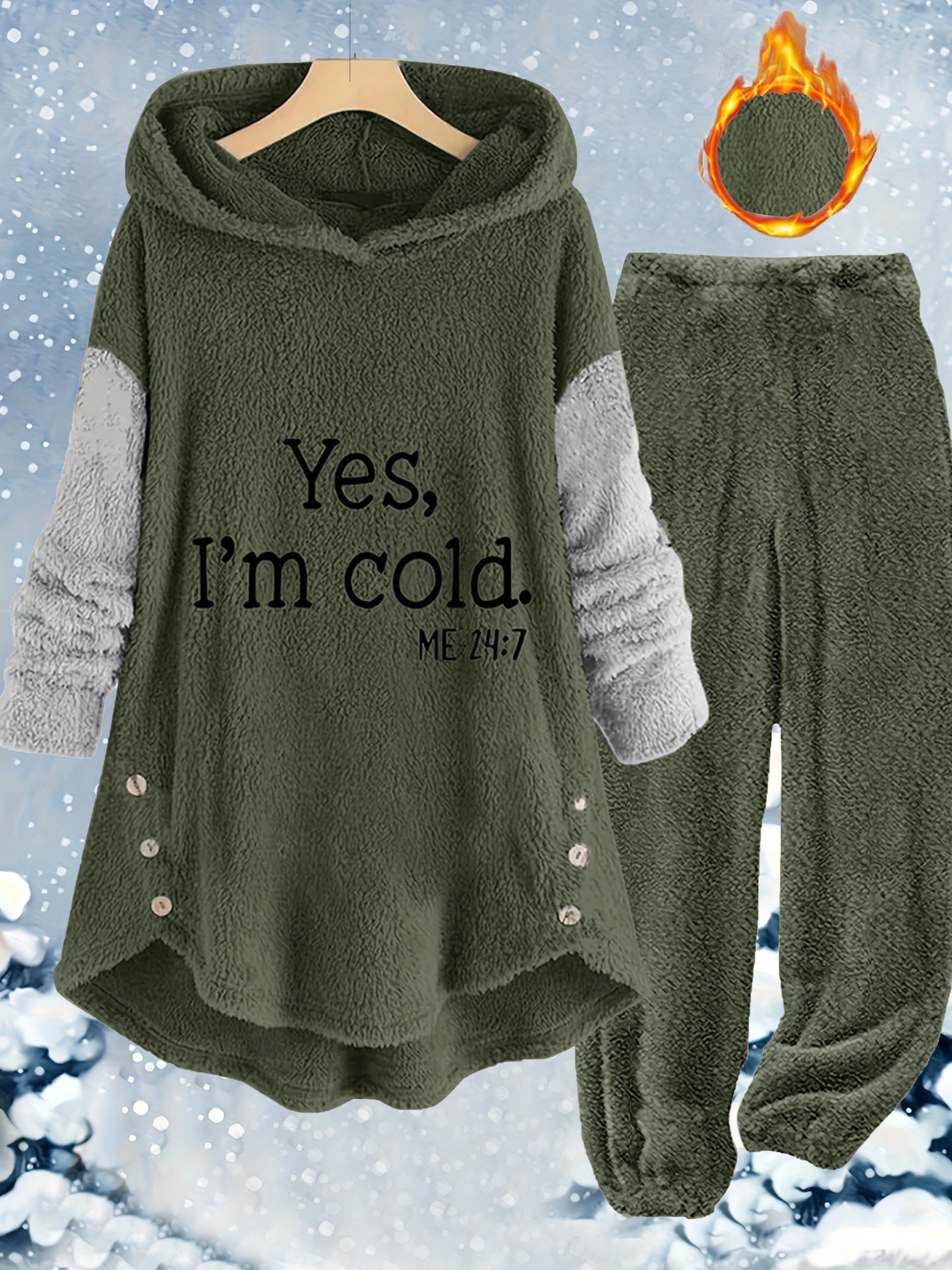 Cozy Women's Gray Fleece Hoodie & Jogger Set - "YES, I'M COLD" Print, Long Sleeves with Button Detail, Casual Polyester Outfit for Fall & Winter, Machine Washable, Jogging Pants