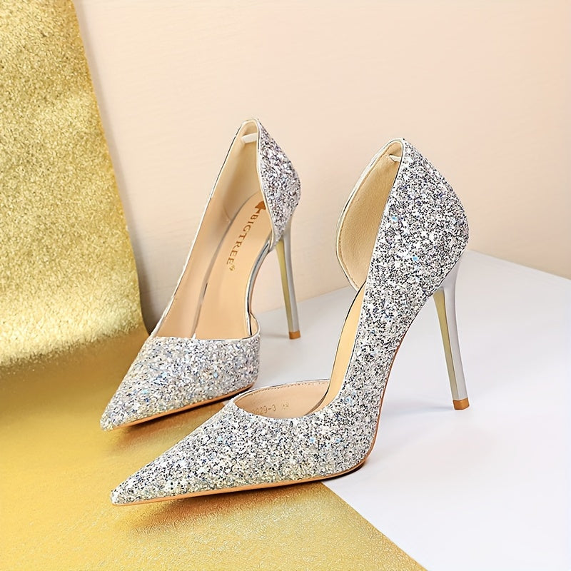 Women's Glitter Design Sexy Banquet High Heels, Elegant Point Toe Dress Pumps, Fashion Slip On Party Heels