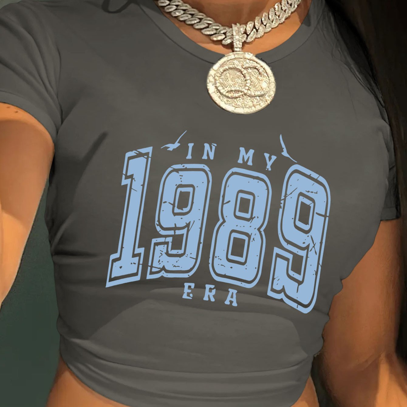 Women'S Y2K Graphic Crop Top T-Shirt - "In My 1989 Era" Letter Print, Short Sleeve, Crew Neck, Lightweight Polyester, Spring/Summer Casual Wear