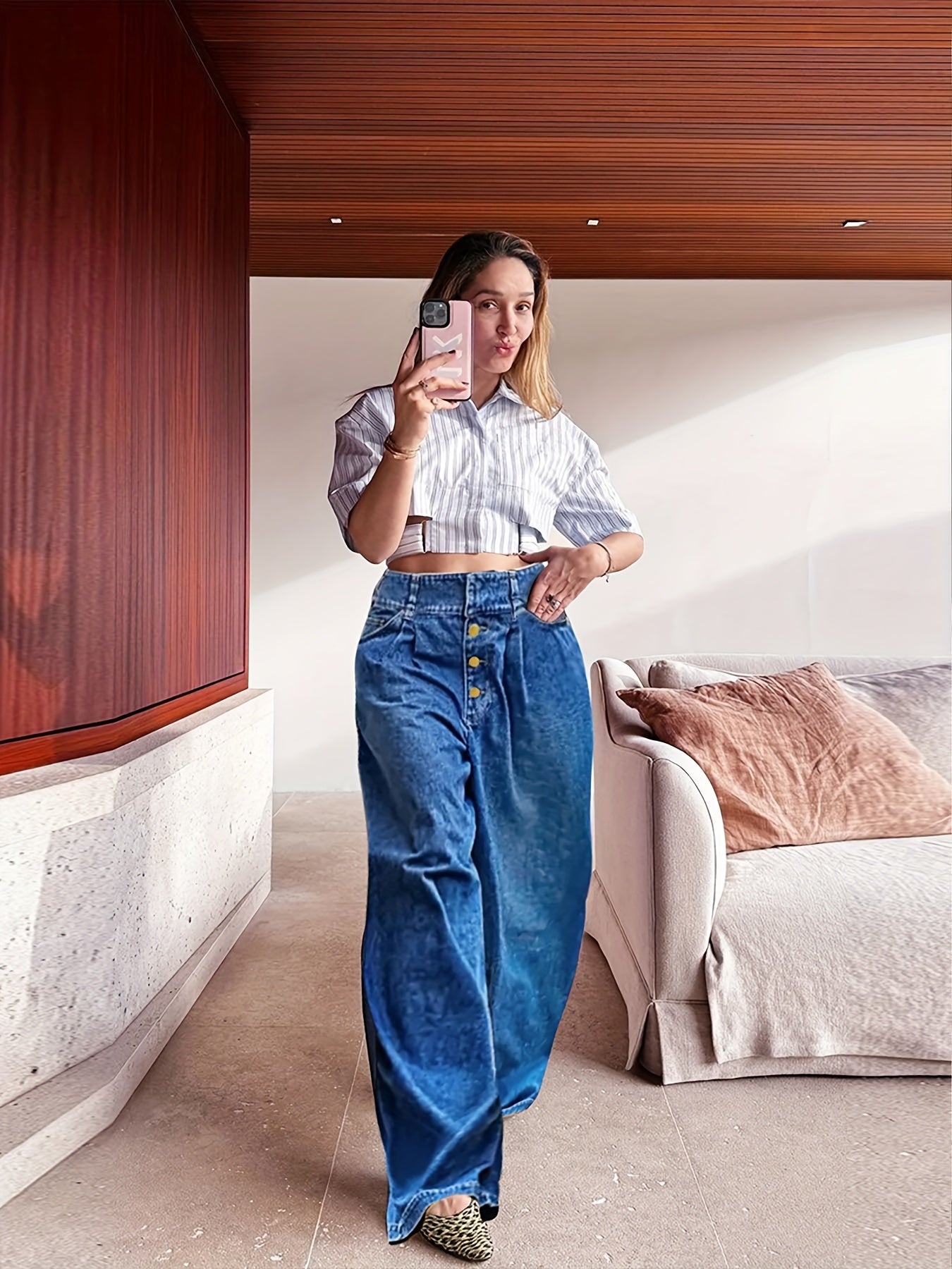 Wide Leg Denim Jeans, High Waist Button Fly, Baggy Pleated Style, Blue
