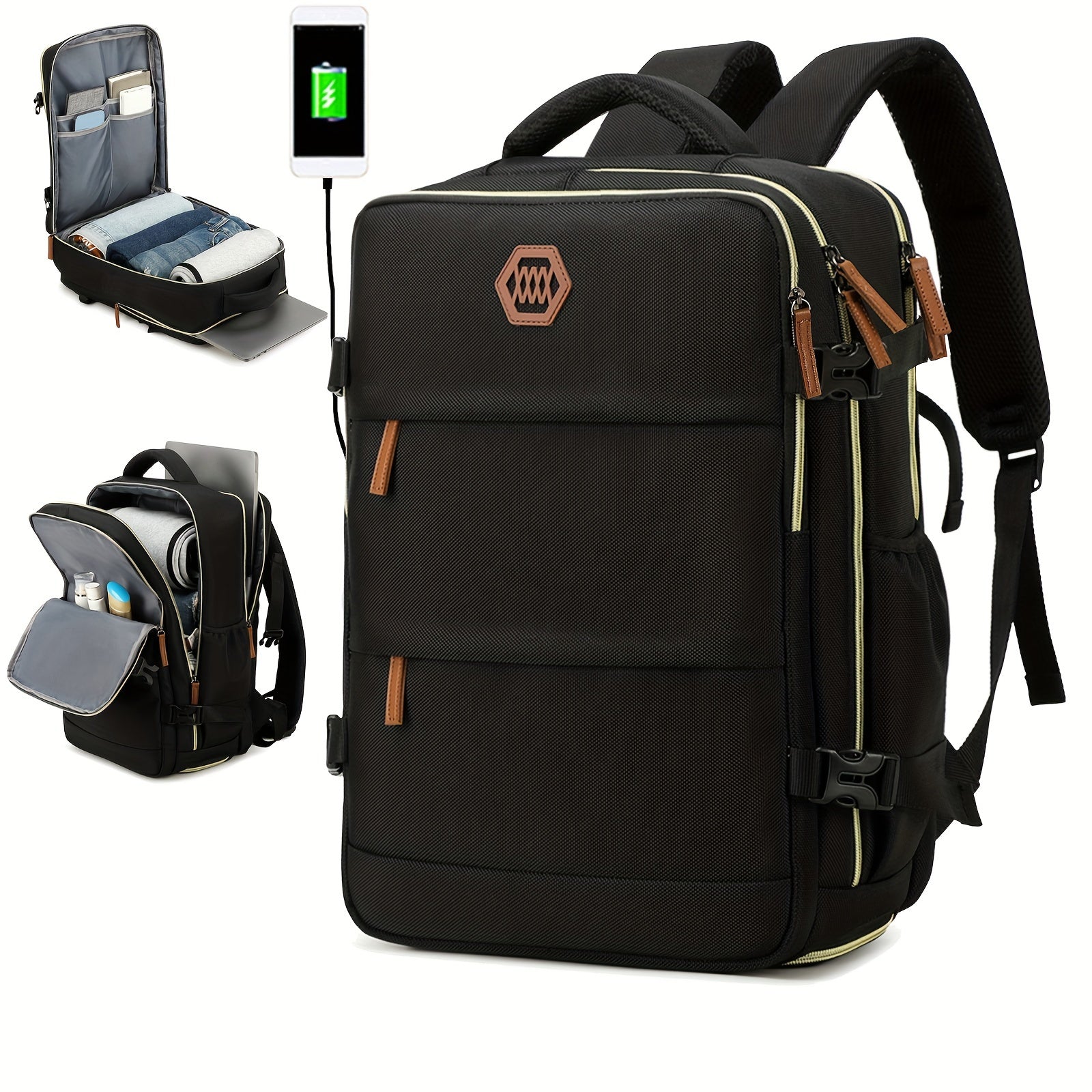 Airlines Approved Women'S Travel Backpack with Shoe Compartment, Casual Laptop Bag, Adjustable Strap, Zipper Closure, Polyester Lining, Solid Color, USB Powered - Multi-Color Options