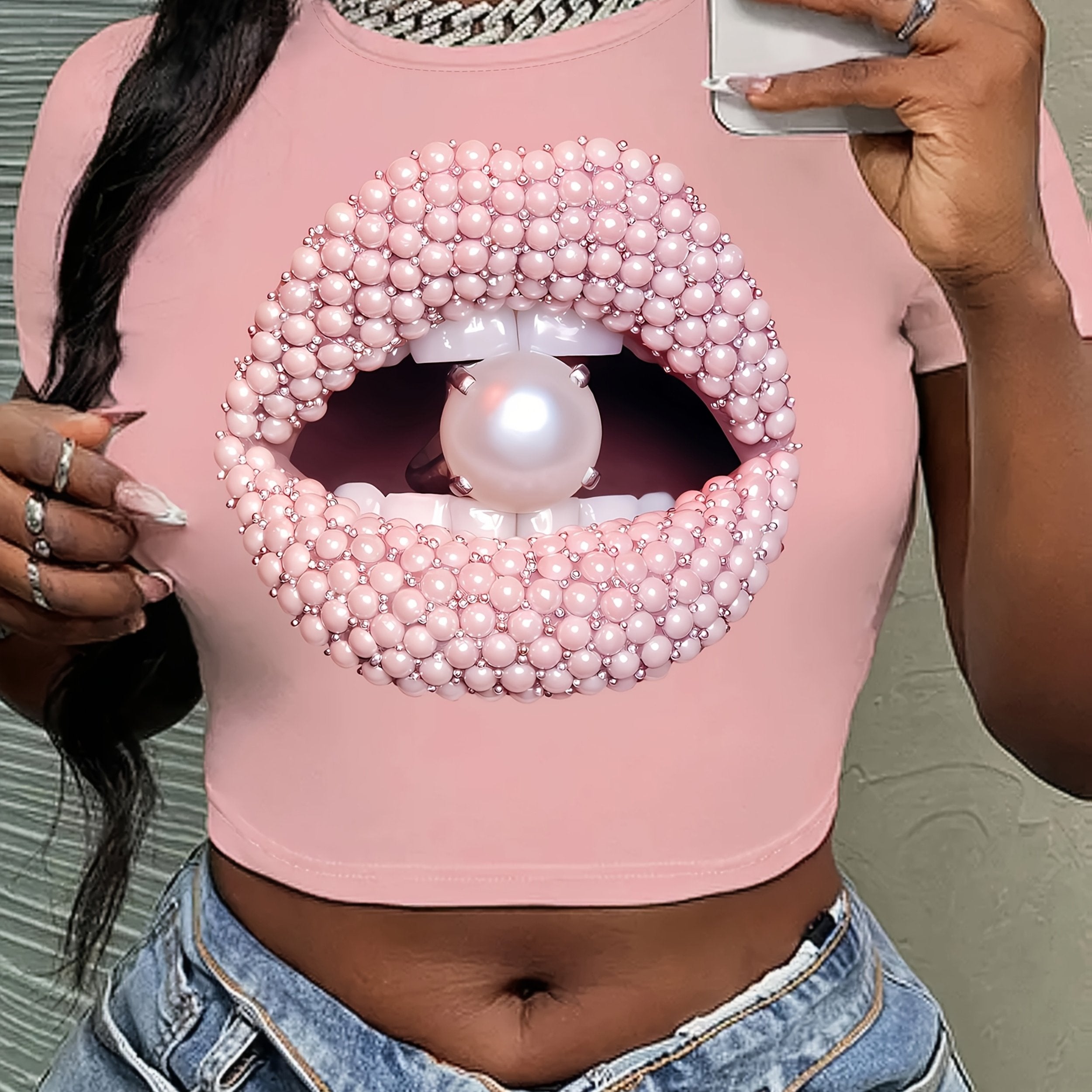 Y2K Short Sleeve Crew Neck Polyester Knit Fabric Medium Stretch T-Shirt, Regular Length, All Season, with Lips & Pearl Pattern, for Women