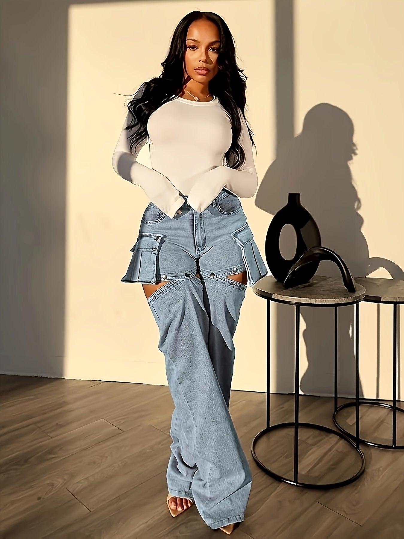 High Waisted Jeans For Women Trendy Detachable Leg Chic Denim Cargo Pants With Pockets