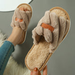 Women's Plush Open-Toe Slippers – Quilted Indoor House Shoes with Rabbit Fur Lining