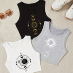3pcs Sun & Moon Print Sleeveless Tank Tops for Women - Casual Style, Round Neck, Lightweight Fabric, Perfect for Spring/Summer/Fall, Sunset Theme Design, Casual Wear Tops|Sunset Motif|Lightweight Fabric