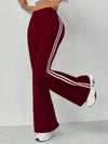 Women's High-Waist Tummy Control Maroon Flare Pants with White Stripe Detail - Stretchy Polyester/Elastane Blend, Machine Washable, Casual Sporty Bell Bottoms