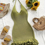 Green Halter Neck Knit Dress - Casual Sleeveless Ruffled Hem Dress for Women, Lightweight Polyester Fabric, Perfect for Summer and Beach Outfits, Beach Dress