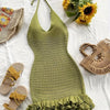 Green Halter Neck Knit Dress - Casual Sleeveless Ruffled Hem Dress for Women, Lightweight Polyester Fabric, Perfect for Summer and Beach Outfits, Beach Dress