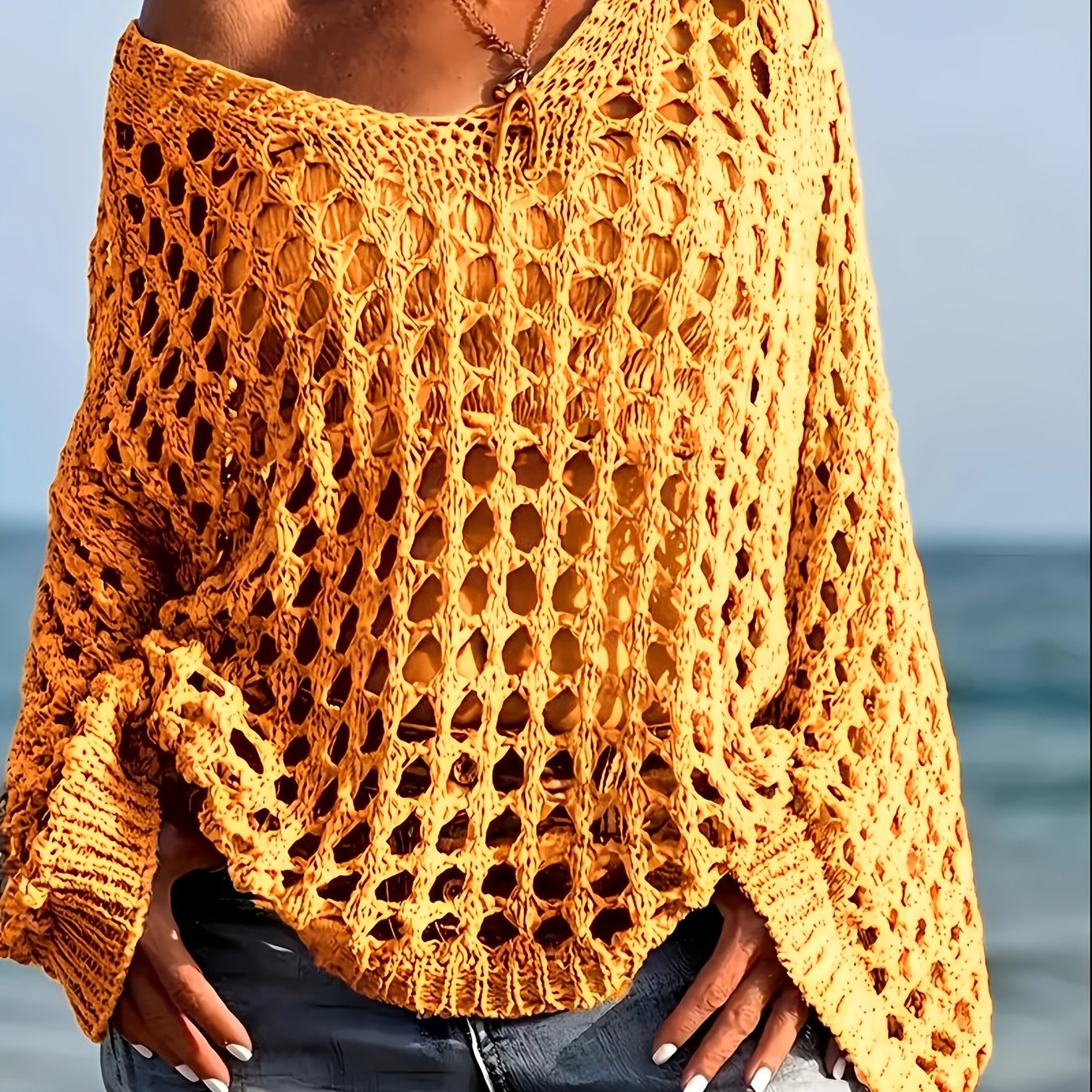 [Beach-Ready] Women's Crochet Knit Top | Long Sleeve | Polyester | Breathable | Casual | Spring & Summer