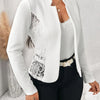 Women's Elegant Black Lace-Trimmed Blazer - Chic Long Sleeve, Open Front Jacket with Floral Pattern Detailing, Machine Washable, Polyester and Spandex Blend