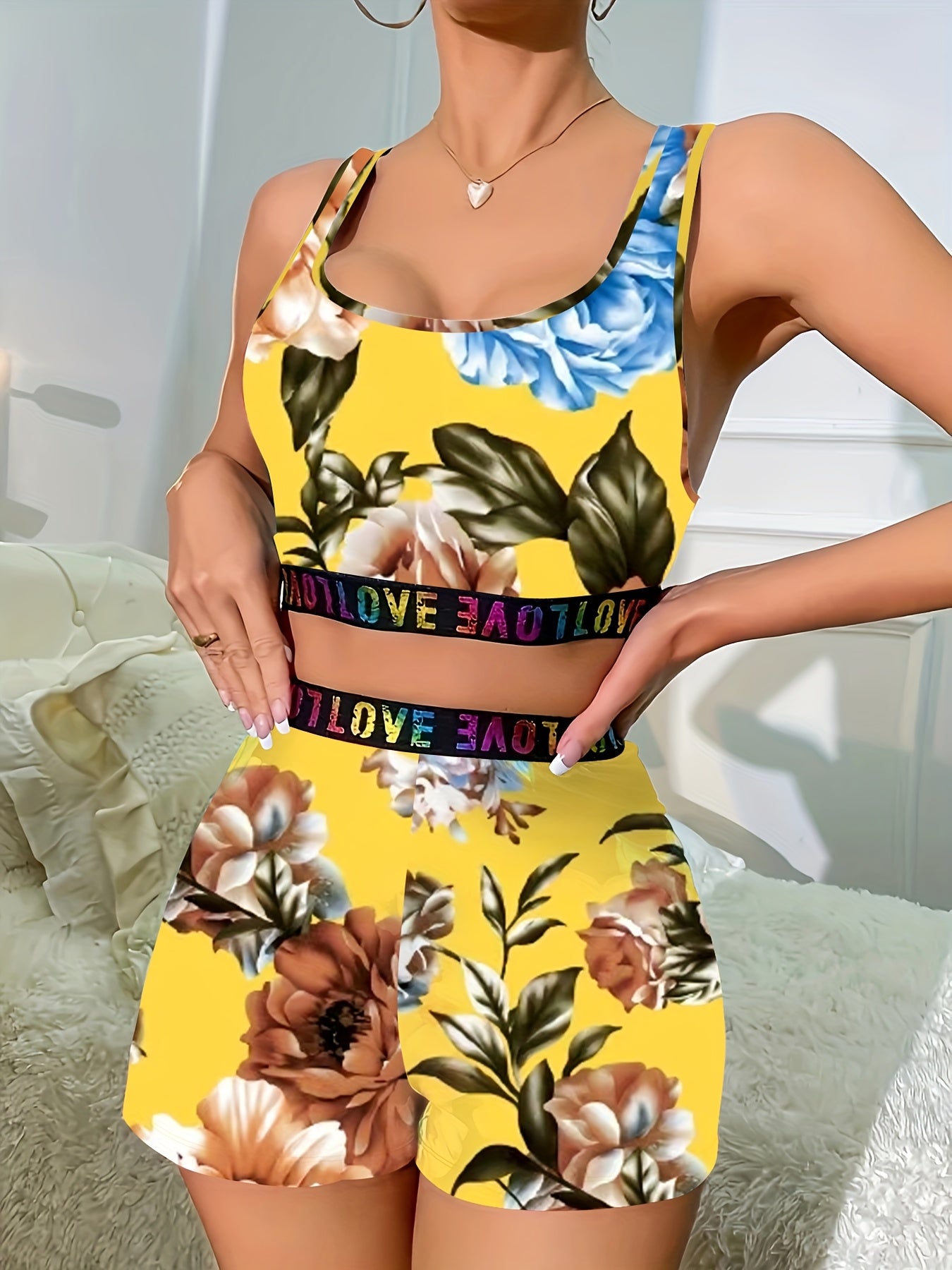 Floral Print Sports Set, U Neck Tank Top & Elastic Waistband Shorts, Women's Clothing