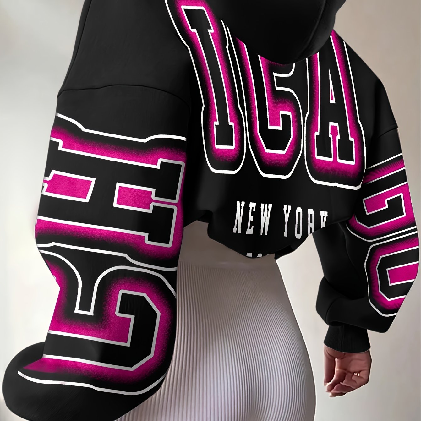 Spechir Chic Black Hoodie with Pink & White NYC Letter Design - Casual Polyester Blend, Long Sleeve, Machine Washable - Stylish Women's Fashion for Spring/Fall, Urban Fashion|Youthful Style|Knit Construction, Oversized Hoodie