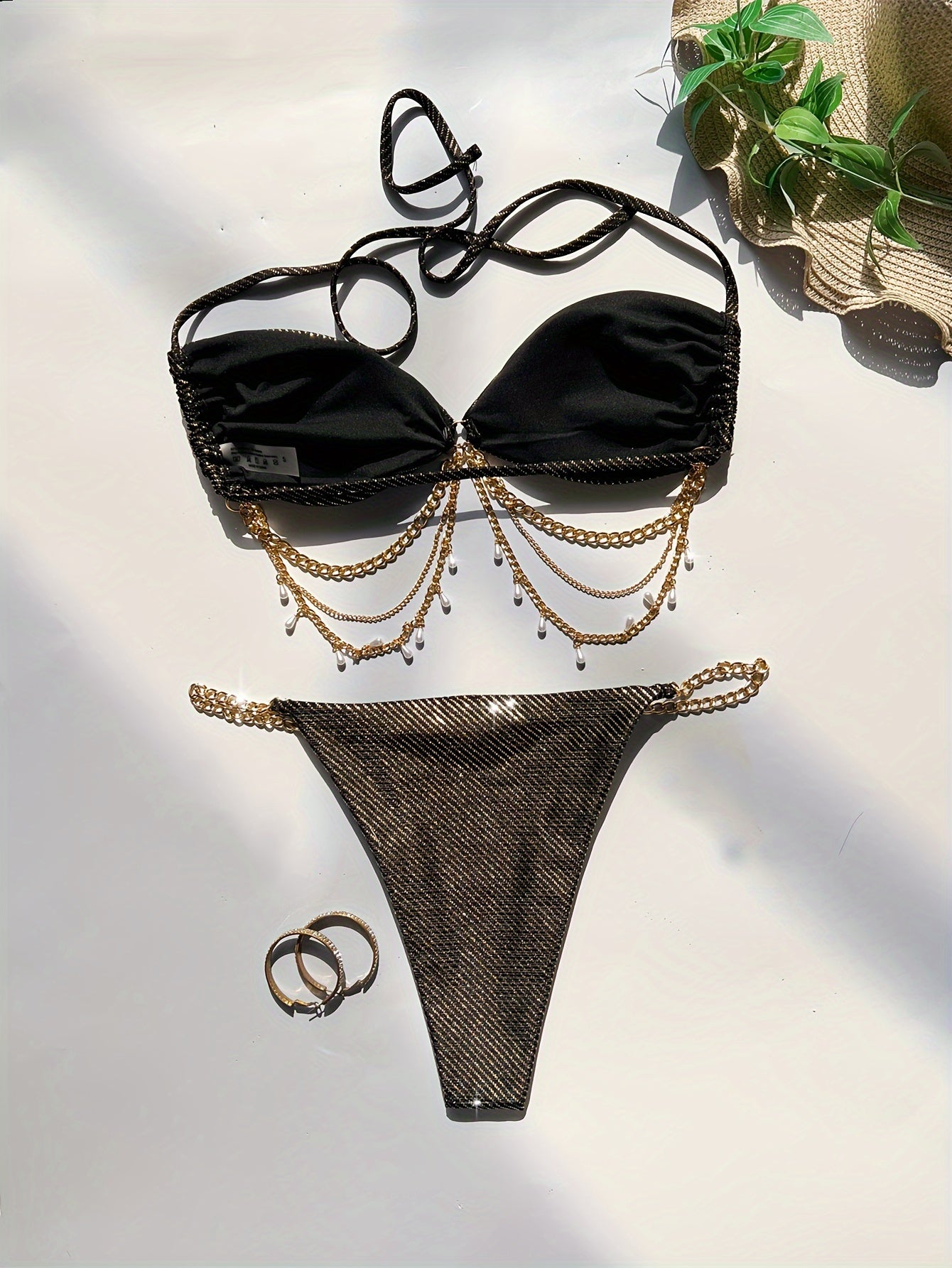 Women's Swimsuit Golden and Silvery Lace Strap Backless Bikini European Sexy Swimsuit