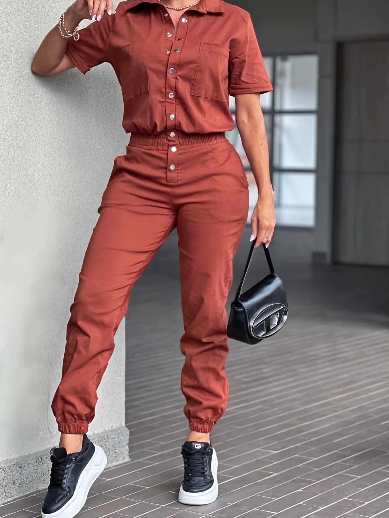Ladies' Casual V-Neck Pocket Jumpsuit with Button Closure and Cuffed Ankle Pants