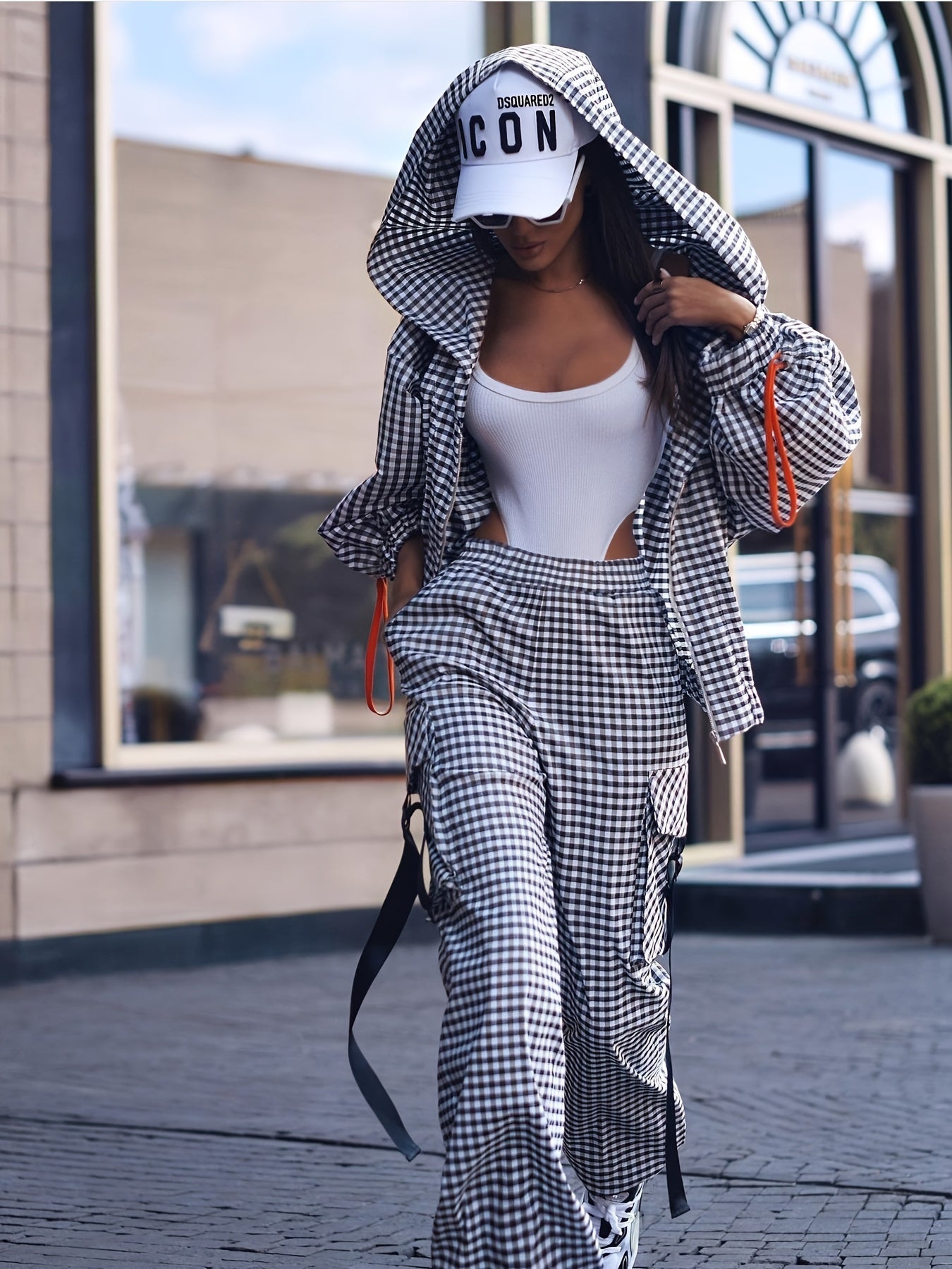Women'S Casual Gingham Pantsuit with Lapel Collar and Zipper Details, 100% Polyester Woven Fabric, for Fall/Winter