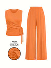 Elegant Women's Sleeveless Ribbed Top & Wide-Leg Pants Set – Bow Detail, Stretchy Knit Two-Piece Outfit for Spring/Summer