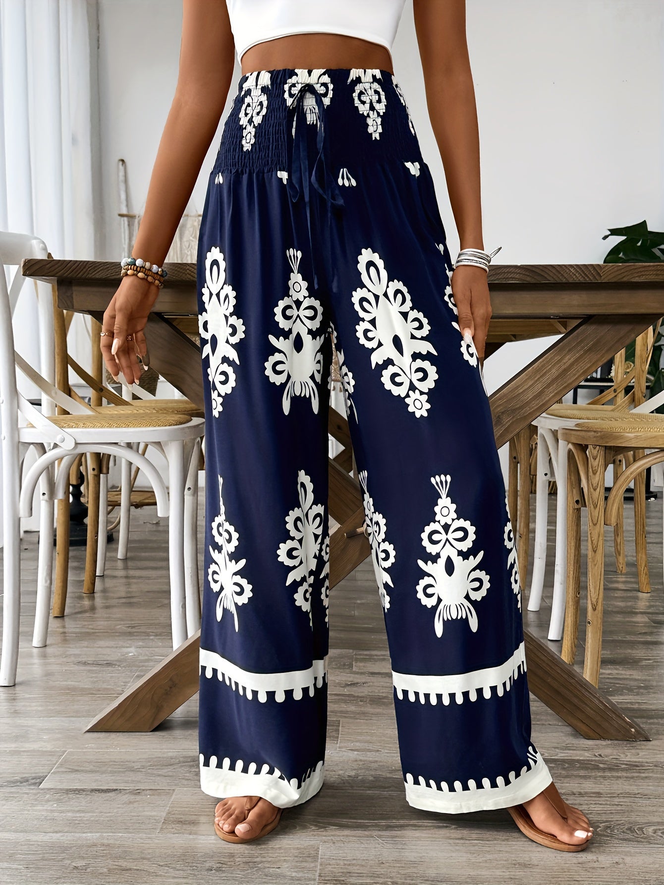 Women's Navy & White Floral Print Wide-Leg Pants with Elastic Waist Drawstring & Smocking Detail - Machine Washable All-Season Elegant Casual Trousers for Women, Comfortable Fashion, Smooth Texture Fabric