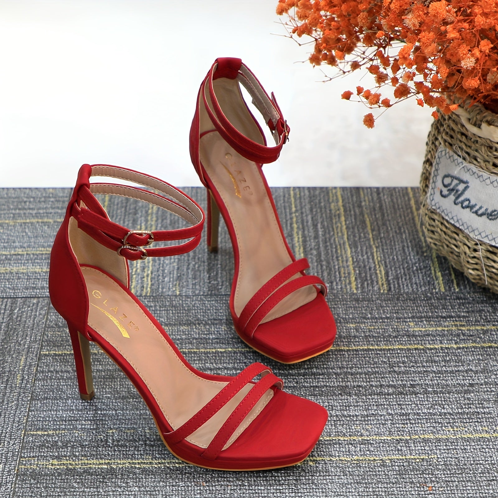 Elegant Red Stiletto Sandals for Women - 4.3" High Heel, Open Toe with Ankle Strap & Buckle Detailing, Breathable PU Cover Pumps for Parties, Weddings, and Daily Wear, Stiletto Heels