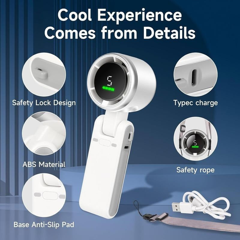 Portable turbo fan, with 5 speed adjustment settings, digital display, three-in-one handheld mini fan, USB rechargeable fan, essential item for holidays, suitable for travel, bedroom, camping and outdoor use.