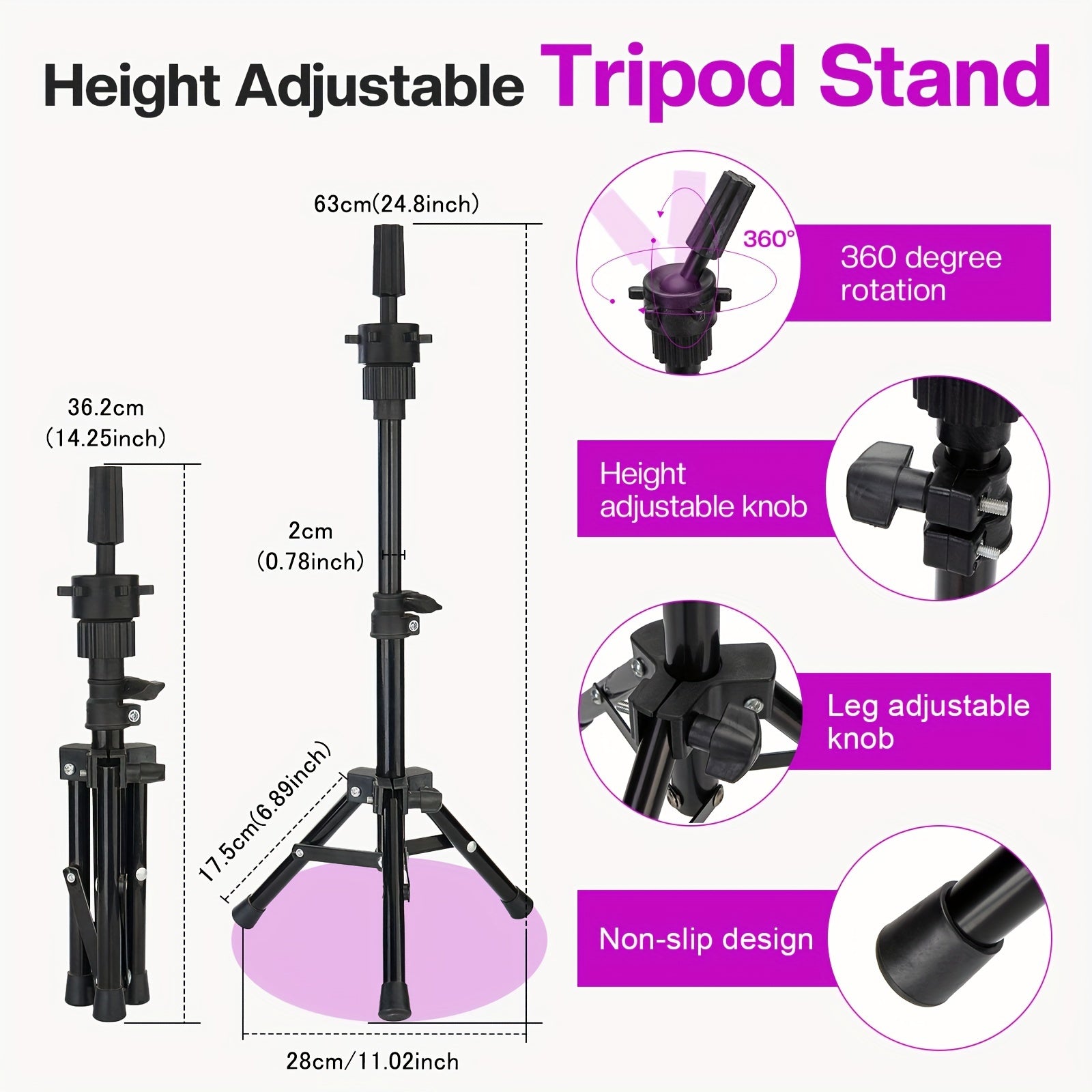 22Inch Canvas Wig Head With Stand, Wig Mannequin Head With Stand, Table Wig Stand Tripod With Head For Wigs Making Display