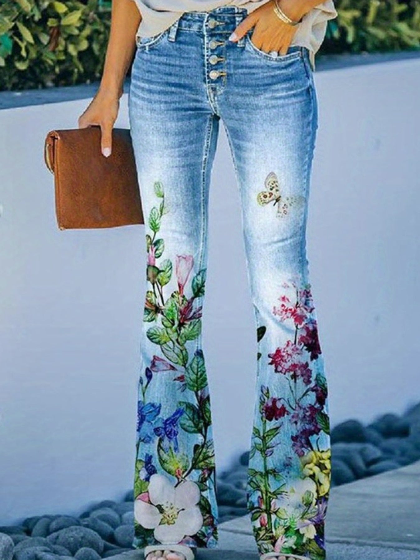 Women's Vibrant Floral Print Flared Jeans - Casual Bell Bottom Denim Pants with Slash Pockets, Stretchy & Comfortable, Perfect for All Seasons