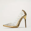 Elegant Golden T-Strap Stiletto Heels with Sparkling Rhinestones - 4.33inch Ultra High Heel, Pointed Toe, TPU Upper, Synthetic Insole & Sole, Allseason Fashion, Stylish High Heel | T Strap Heels | Tpu Upper Heels