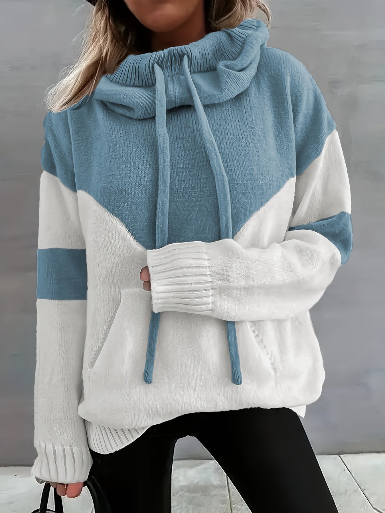 Color Block Drawstring Hooded Sweatshirt, Women's Long Sleeve Casual Pullover Sweater with Pocket