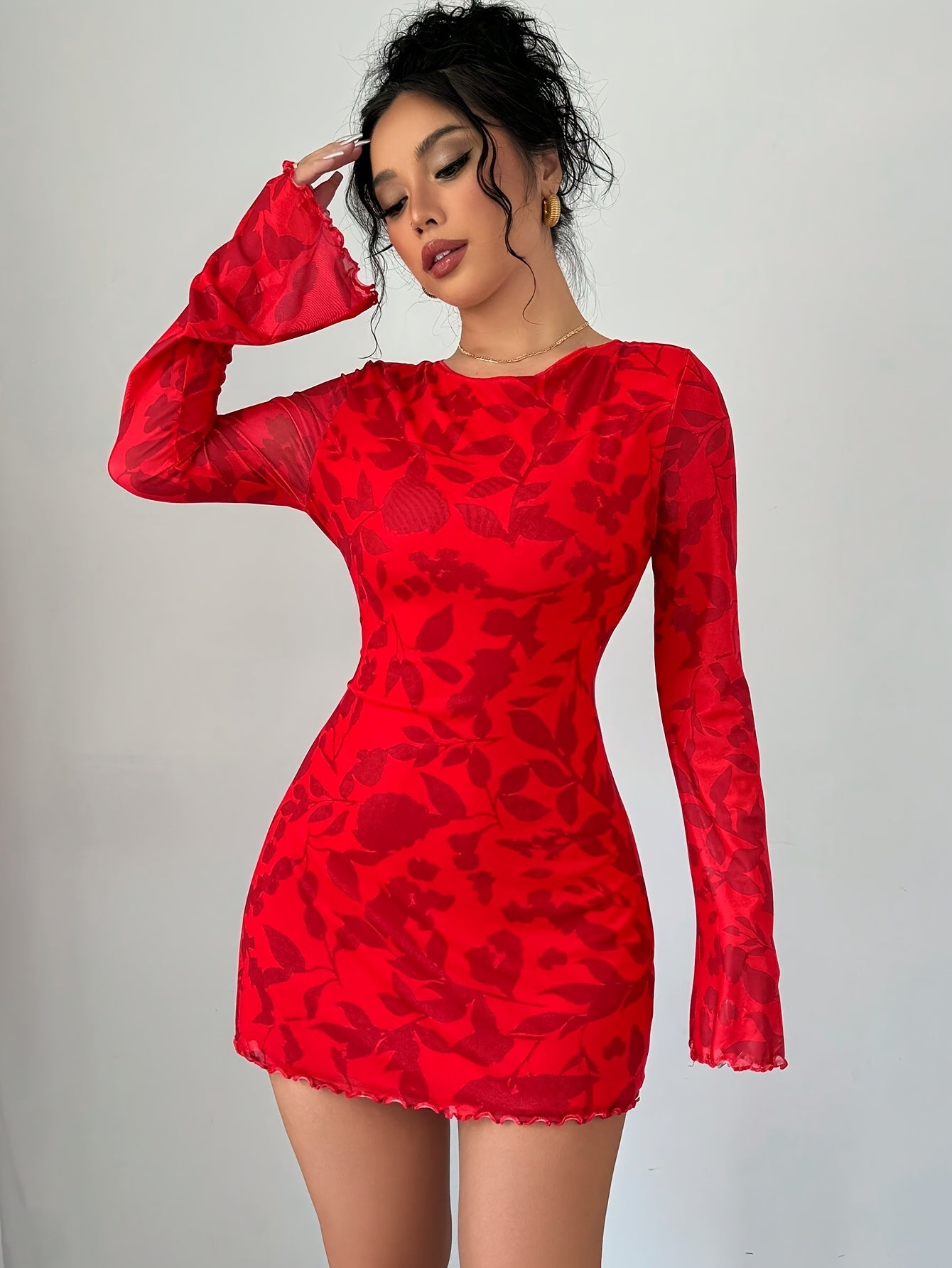Women's Red Floral Print Backless Mini Dress with Tie Flare Sleeves - Sexy, Fashionable, Polyester, Machine Washable