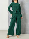 2 Pcs Solid Color Top & Pants Set, Long Sleeve Asymmetric Hem Belted Top & Straight Leg Pants Outfits, Women's Clothing